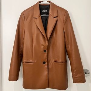 Zara Oversized Brown Faux Leather Blazer